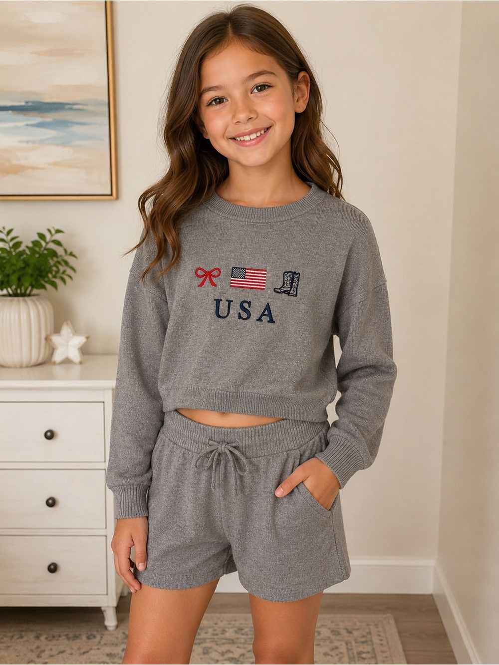 Harper & Ivy Girls Size 7 USA Embroidered Knit Sweater & Shorts Set NWT